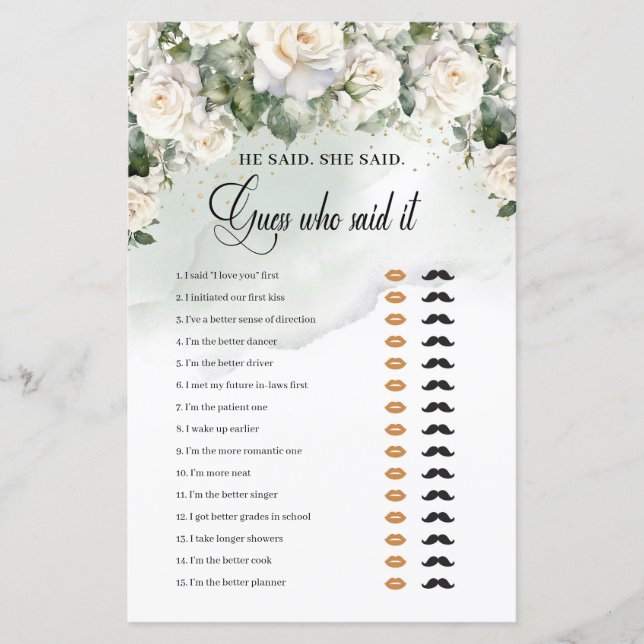 Boho White Roses Greenere Ouro Ele disse Ela disse (Frente)