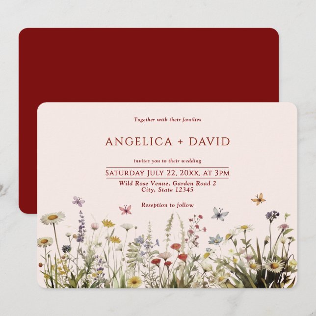 Boho Wildflower Borboletas Convite Para Casamento (Frente/Verso)