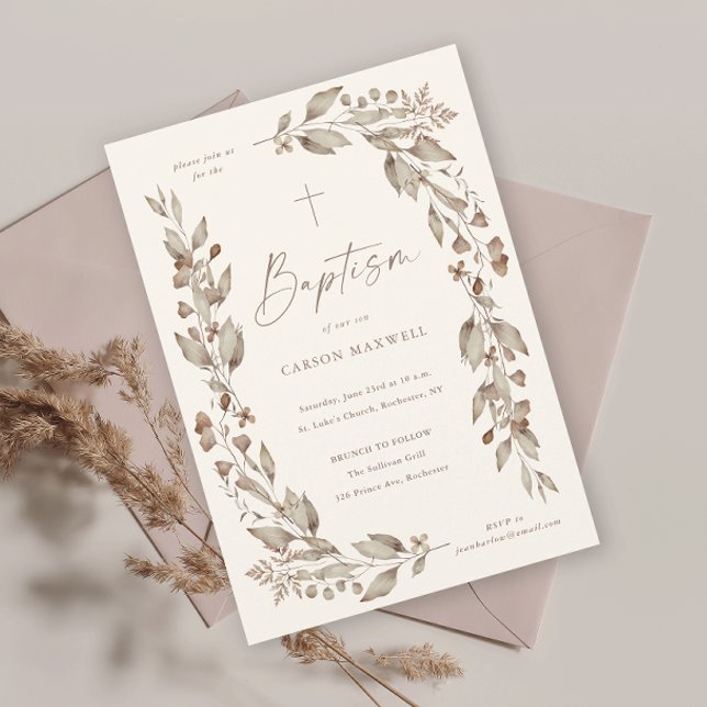 Boho Wildflower Gender Baptism Neutro (Boho wildflower elegant floral ivory gender neutral baptism invitation.)