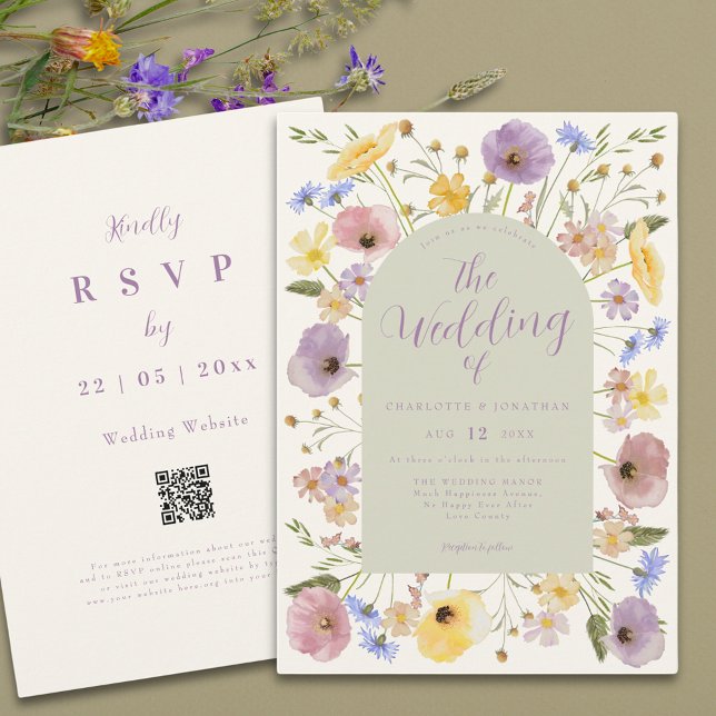 Boho Wildflower Pastel Qr Code Convite para Casame (Boho wildflower pastel wedding qr code invitation summer watercolor florals )