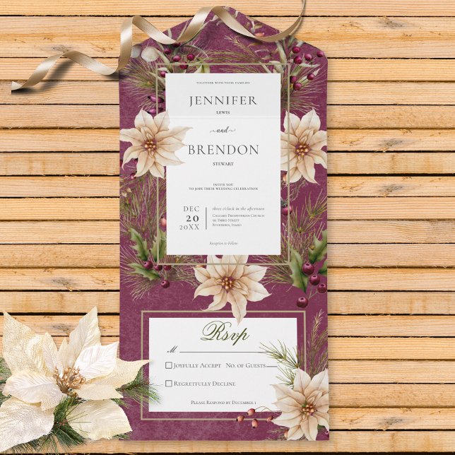 Boho Winter Greenery Boughs Burgundy Código QR (Also available without a QR code; with or without dinner selection options.)