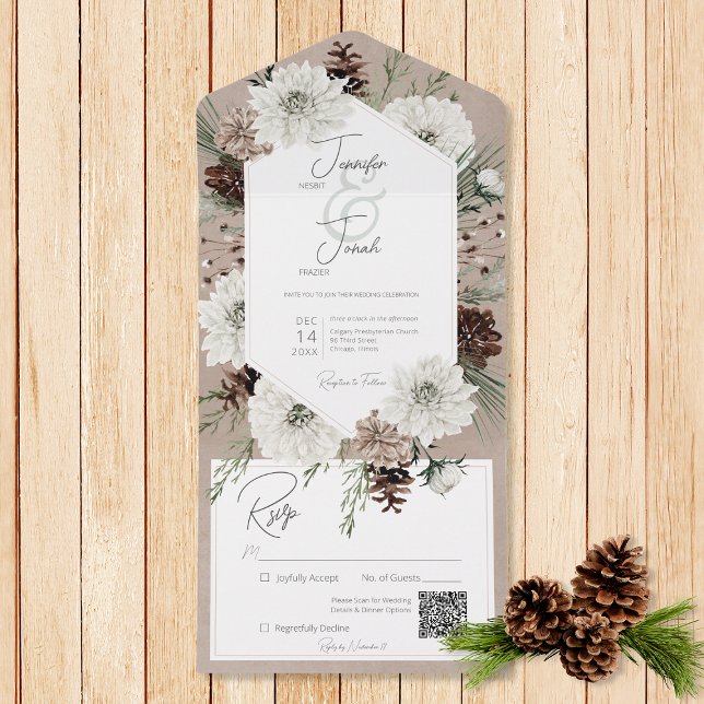 Boho Winter White Floral & Pine Brown Código QR (Also available without a QR code; with or without dinner selection options.)