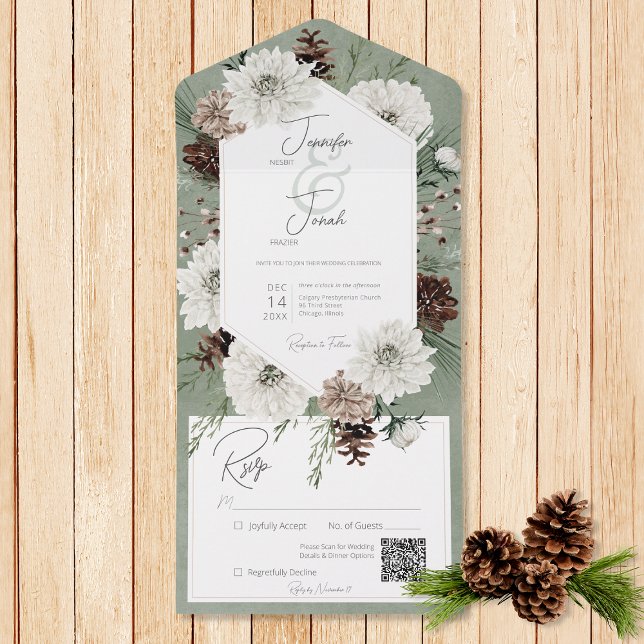 Boho Winter White Floral & Pine Green Code (Also available without a QR code; with or without dinner selection options.)
