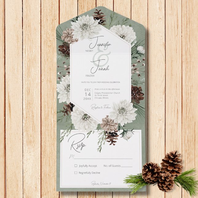 Boho Winter White Floral & Pine Green No Janto (Also available with a QR code or with dinner selection options.)
