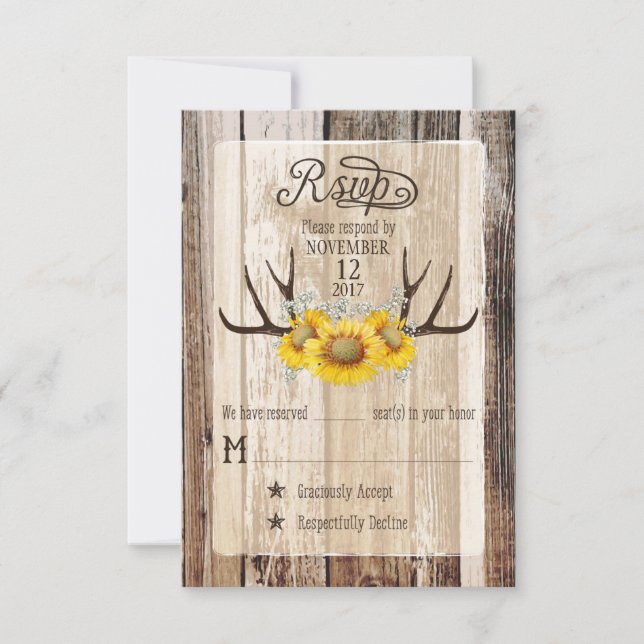 Boho Wood Sunflower Antlers Russo RSVP Card (Frente)