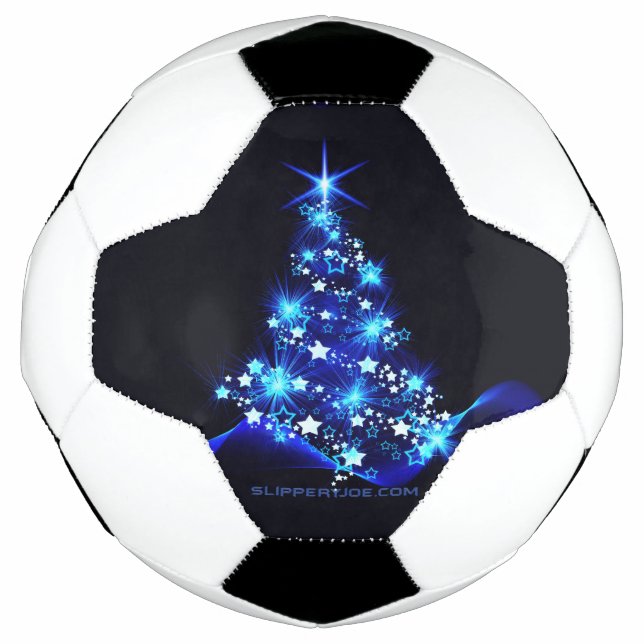 Bola De Futebol árvore de Natal estilizada SlipperyJoe azul brilha (Frente)