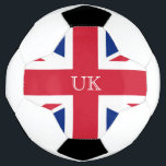 Bola De Futebol Bandeira do Soccer do Reino Unido<br><div class="desc">Bola de futebol com um lado da bola feita nas cores vermelha,  branca e azul da bandeira do Reino Unido.  O texto branco lê o Reino Unido e pode ser personalizado para ler o que você quer.</div>
