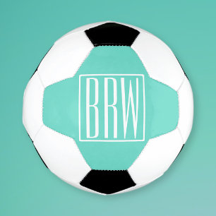 Bola De Futebol Bold Modern 3 Iniciais Monograma   Branco Em Aqua