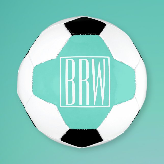 Bola De Futebol Bold Modern 3 Iniciais Monograma | Branco Em Aqua (Criador carregado)