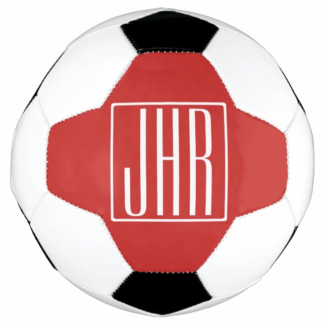 Bola De Futebol Bold Modern 3 Iniciais Monograma | Branco Em Verme (Frente)