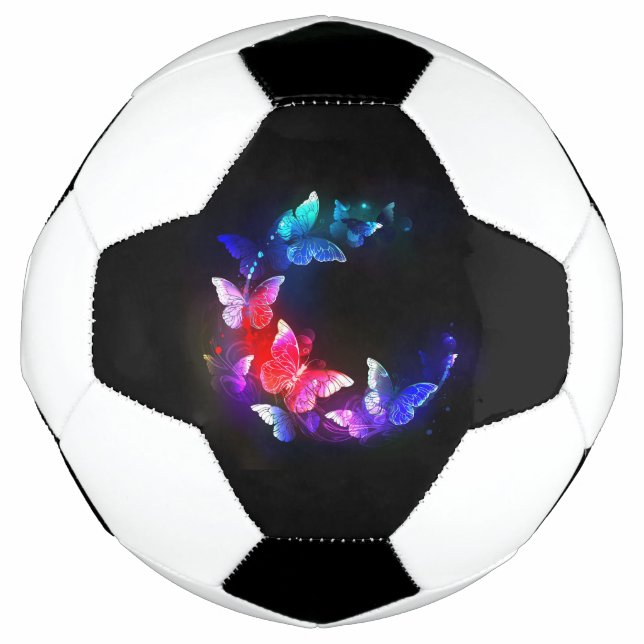 Bola De Futebol Borboletas Neon Night brilhantes sobre fundo preto (Frente)