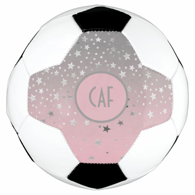 Bola De Futebol Cinza Rosa Monograma Estrelas de Ombre Trendy (Frente)