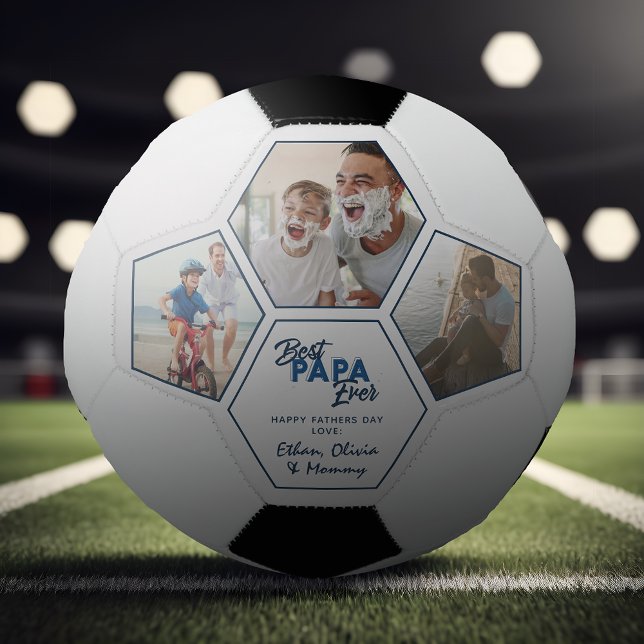 Bola De Futebol Colagem de Fotos Moderna 3 Melhor Papa Nunca (Easily personalize this Best Daddy Ever Soccer ball with your photos and text for a unique gift)