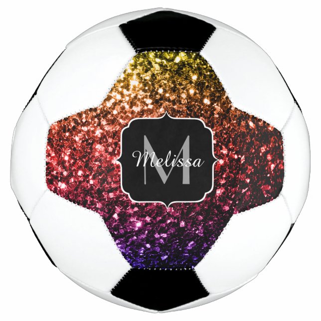 Bola De Futebol Colorida Rainbow glitter sparkle Nome monograma (Frente)