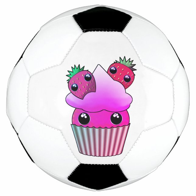 Bola de futebol com cupcake de morango kawaii (Frente)