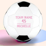 Bola de Futebol da Rapariga Personalizada com Núme<br><div class="desc">Esfera de futebol personalizável com o nome do grupo, número do grupo e nome do jogador. Você pode personalizar facilmente a bola. O texto é cor-de-rosa num fundo branco - excelente para uma menina que ama este esporte. Excelente para um jogador de futebol, amante de futebol, como um presente ou...</div>