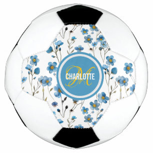 Bola De Futebol Denominação monograma de padrão floral azul-quic