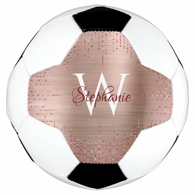 Bola De Futebol Elegante Rosa Dourado Monograma Sparkle (Frente)
