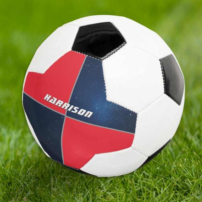 Bola De Futebol Espaço Personalizado da Galáxia (A soccer ball with bright red and blue night sky sections, and customizable name in modern lettering)