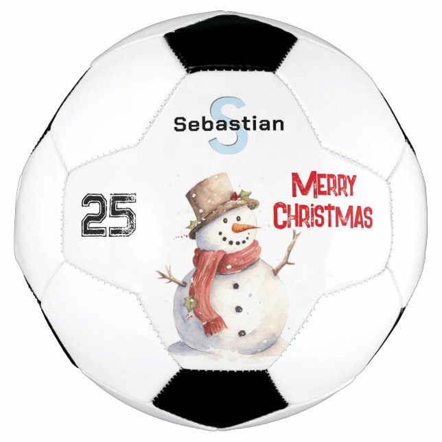 Bola De Futebol Festivo Snowman Monograma Feliz Natal (Frente)