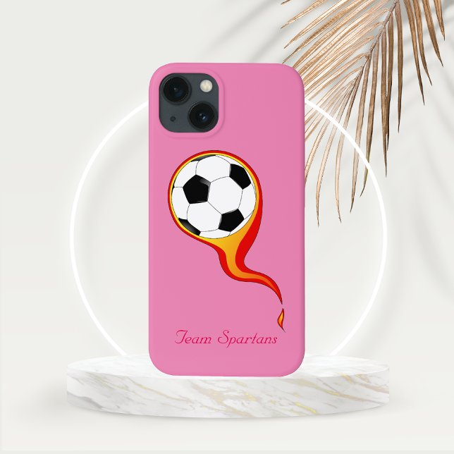 Bola de futebol flamejante personalizada a rosa Ro (Flaming Football or Soccer Ball with Personalization Line Phone Case)
