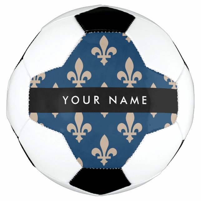 Bola De Futebol Fleur de Lis, Beige on Navy Blue, Royal, Your Name (Frente)