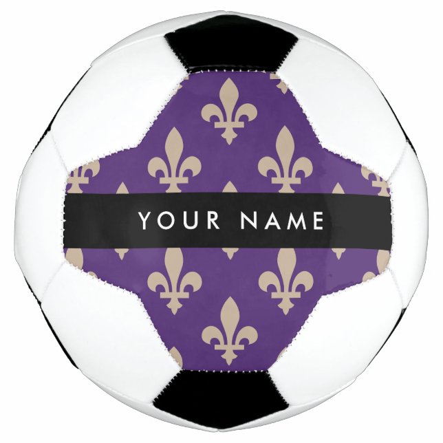 Bola De Futebol Fleur de Lis, Beige on Purple, Royal, Your Name (Frente)