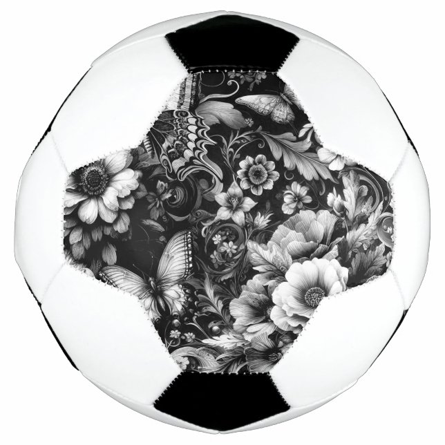 Bola De Futebol  Floral Antigo Monocromático com Borboletas  (Frente)