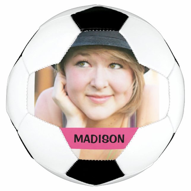 Bola De Futebol Foto personalizada e design de faixa rosa (Frente)