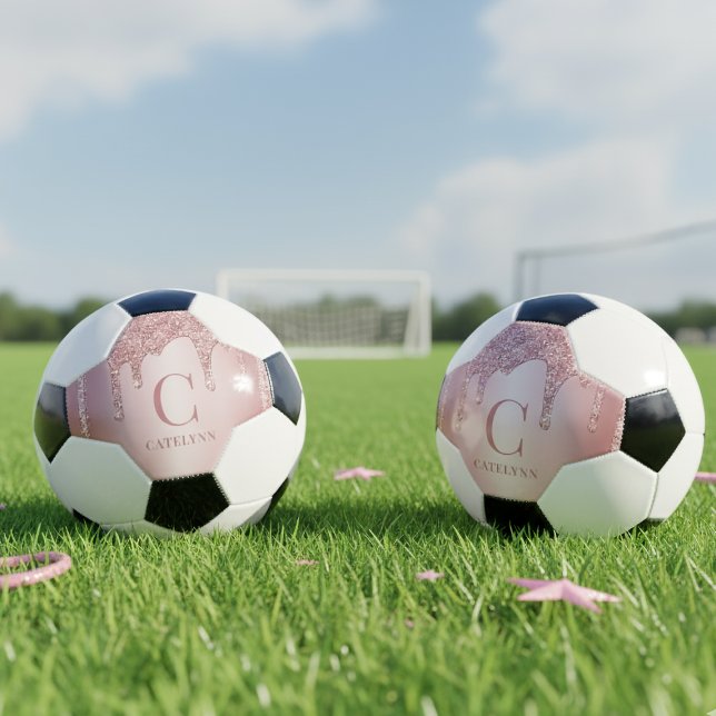Bola De Futebol Glitter Monograma de Disjunção Dourada Girassol (Girly Rose Gold Sparkle Dripping Glitter Monogram Soccer Ball)
