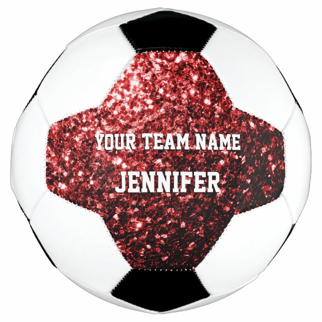 Bola De Futebol Glitter vermelho escuro brilha seu nome Equipe (Frente)