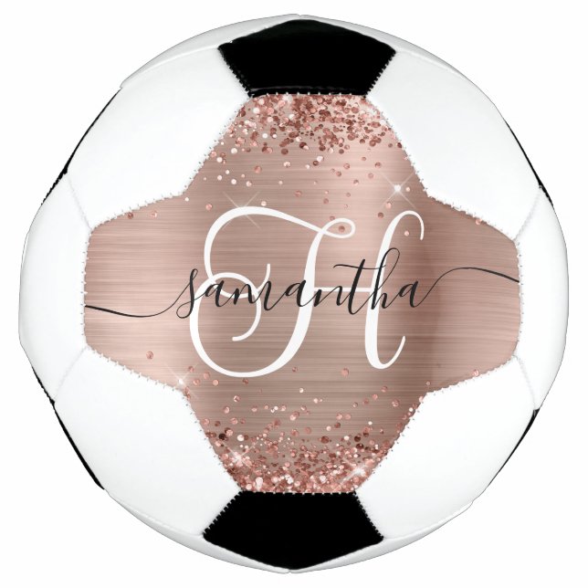 Bola De Futebol Glittery Rosa Dourado Glam Monograma (Frente)