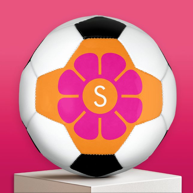 Bola De Futebol Groovy Pink Daisy com Monograma Laranja Personaliz (Custom Soccer Ball)