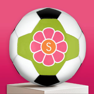 Bola De Futebol Groovy Pink Daisy com Monograma Laranja Personaliz