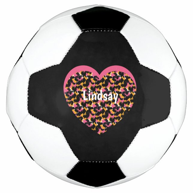 Bola De Futebol Heart Cheetah Animal Print Monograma Nome (Frente)
