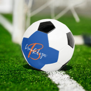 Bola De Futebol Laranja Branco Azul Cobalto Monograma Nome Rascunh
