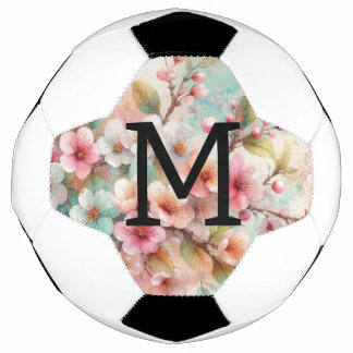 Bola De Futebol Monograma de aquarela floral com flores de cerejei
