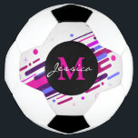 Bola De Futebol Monograma de Linhas Geométricas Rosa e Púrpura da<br><div class="desc">Arte dinâmica moderna em pinks e roxas com círculo central preto monograma.</div>