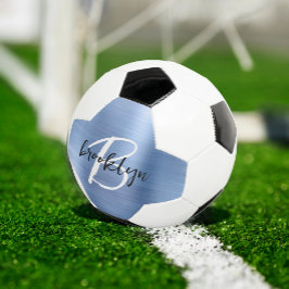 Bola De Futebol Monograma de Metal Escovado Azul em Preto e Branco