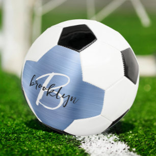 Bola De Futebol Monograma de Metal Escovado Azul em Preto e Branco