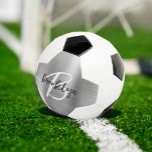 Bola De Futebol Monograma de Script Branco Preto, Bruto, em Prata<br><div class="desc">Essa bola personalizada de futebol apresenta um monograma e primeiro nome em um roteiro moderno preto e branco sobre um fundo de metal embebido em prata de vidro.</div>