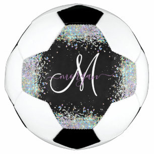 Bola De Futebol Monograma Holográfico Glitter Arco-Íris Pastel