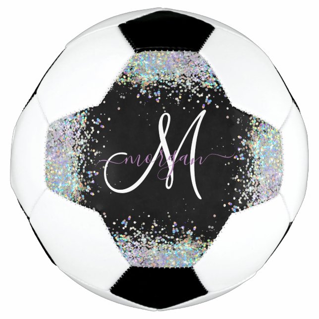 Bola De Futebol Monograma Holográfico Glitter Arco-Íris Pastel (Frente)