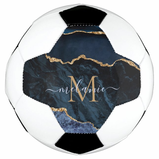 Bola De Futebol Monograma Nome Agate Marinho Azul Gemstone Marble  (Frente)