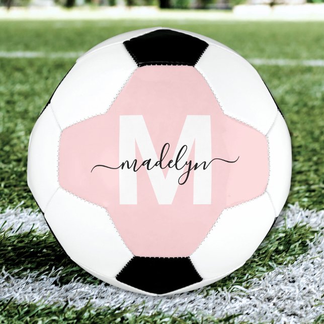 Bola De Futebol Monograma Nome Rosa Corado (Blush Pink Name Monogram Soccer Ball)