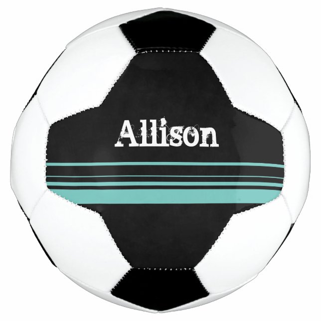 Bola De Futebol Negra-Teal Girly Striped Personalizada (Frente)