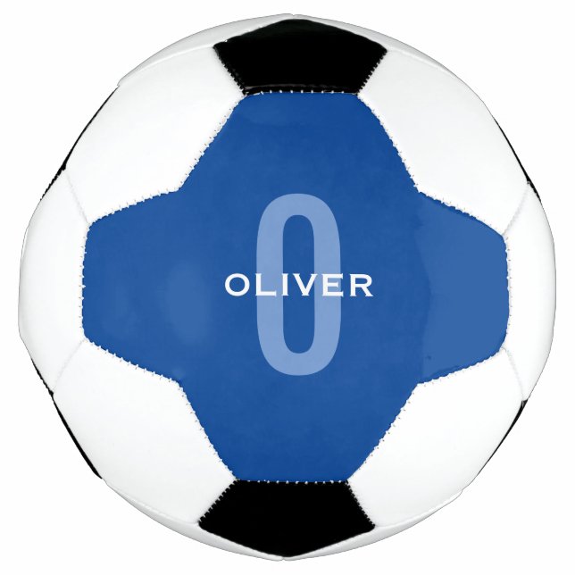 Bola De Futebol Nome Branco Azul do Monograma Personalizado (Frente)