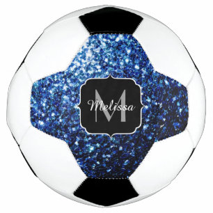 Bola De Futebol Nome do monograma com brilho falso azul escuro