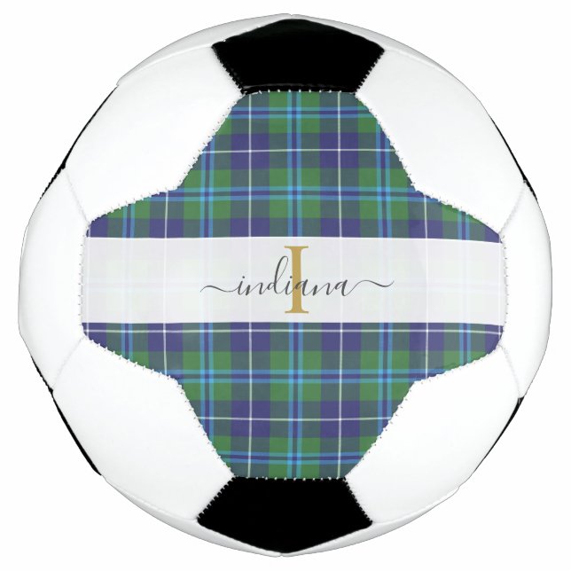 Bola De Futebol Nome em Monograma com Plaid Tartan Clássico (Frente)