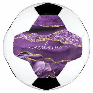 Bola De Futebol Nome Personalizado de Geodo Glitter Dourado Violet